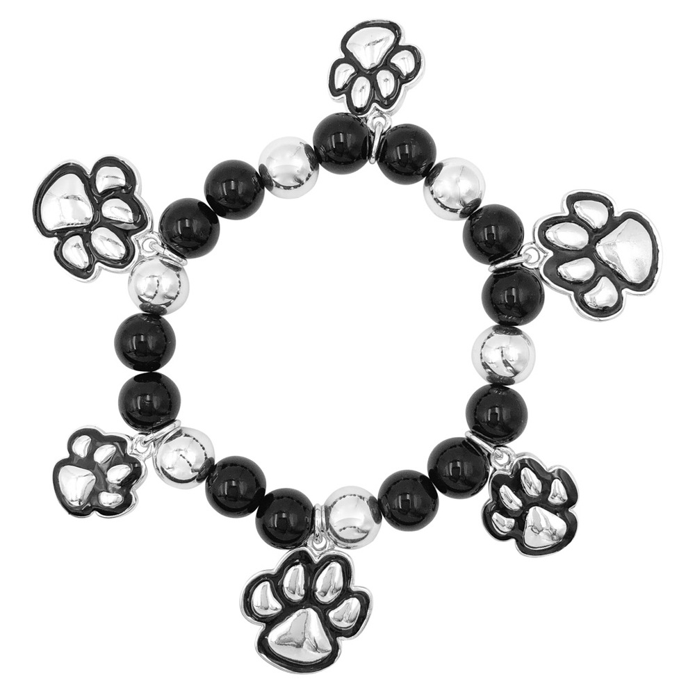Paw Print Charm Black Bead Silver Tone Stretch Bracelet